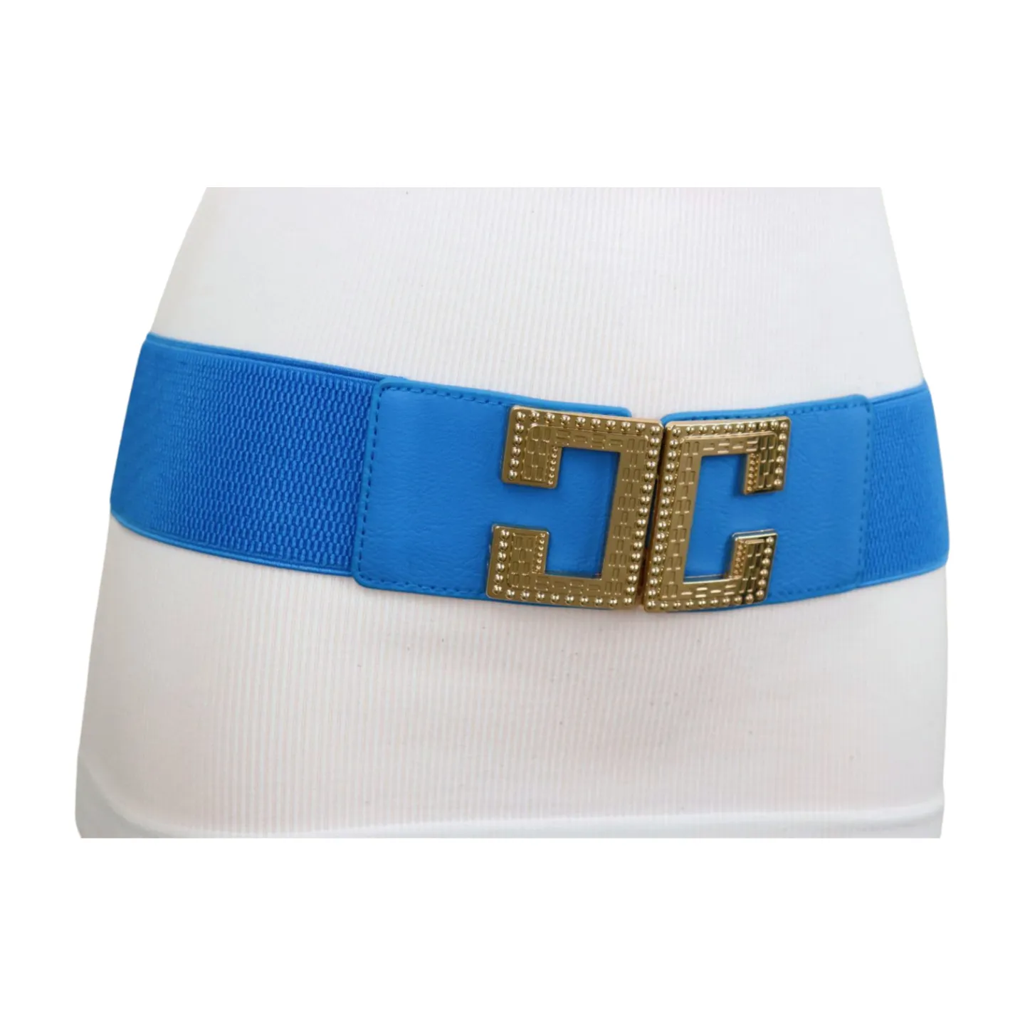 Women Blue Elastic Wide Fashion Belt Hip Waist Gold Metal C Buckle S M