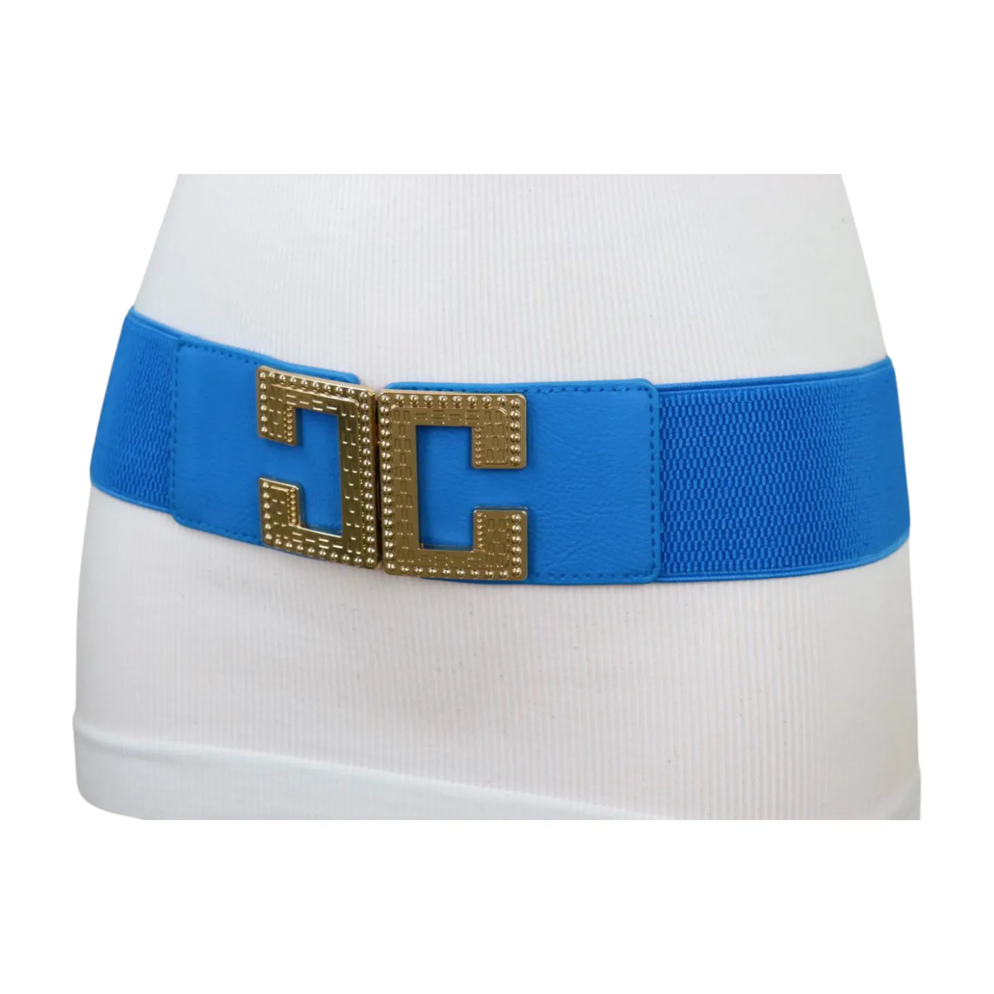 Women Blue Elastic Wide Fashion Belt Hip Waist Gold Metal C Buckle S M