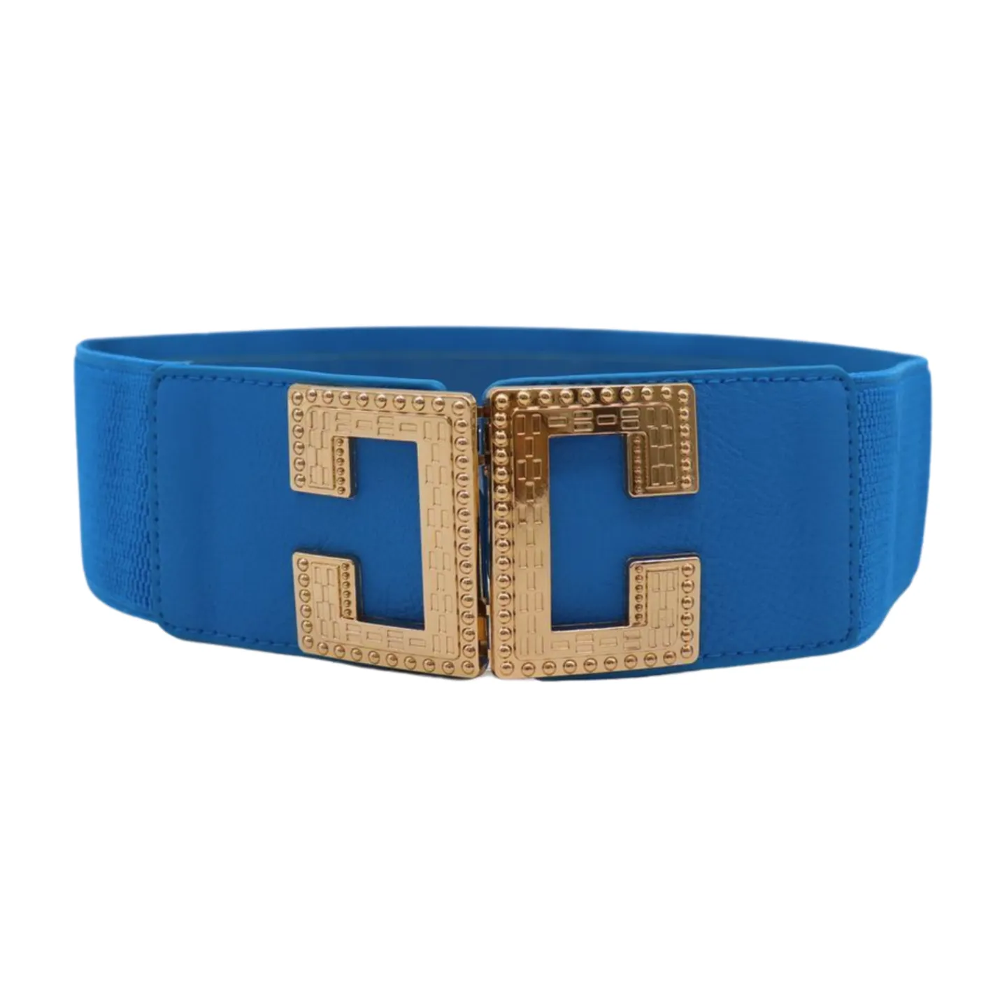 Women Blue Elastic Wide Fashion Belt Hip Waist Gold Metal C Buckle S M
