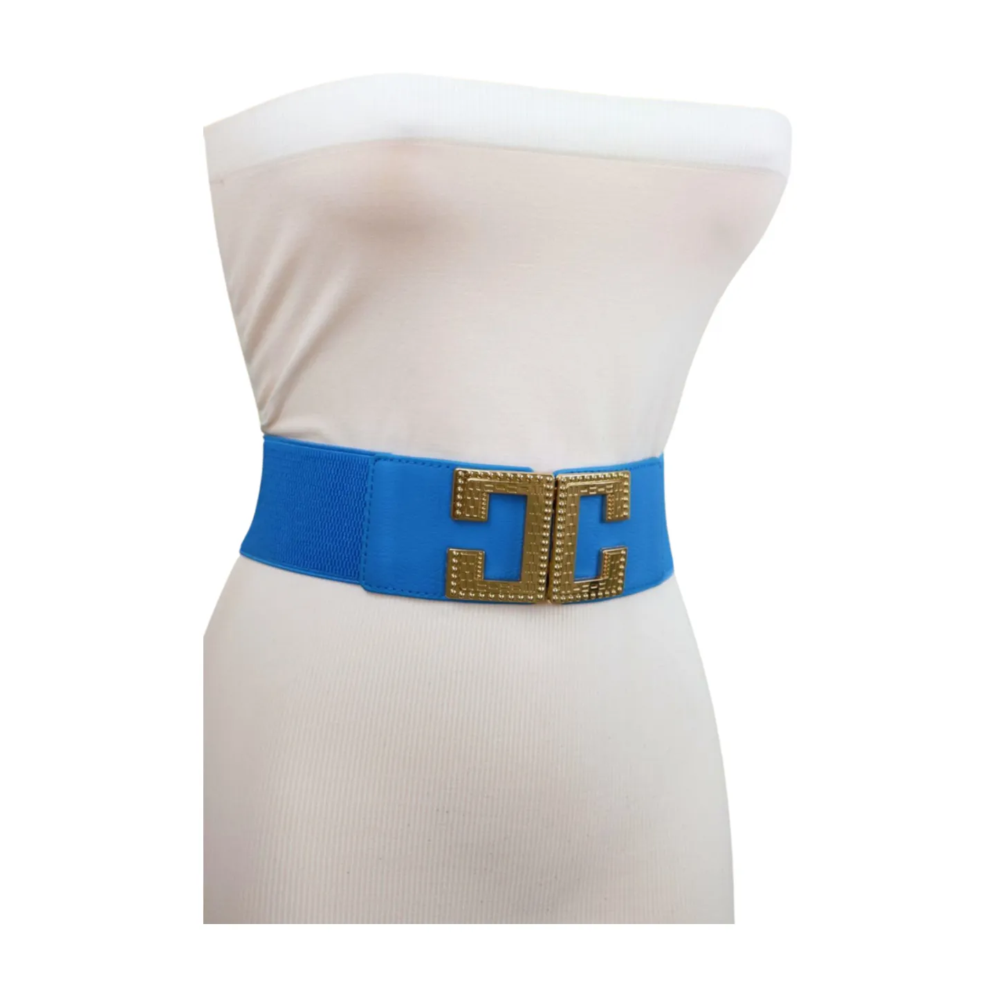 Women Blue Elastic Wide Fashion Belt Hip Waist Gold Metal C Buckle S M