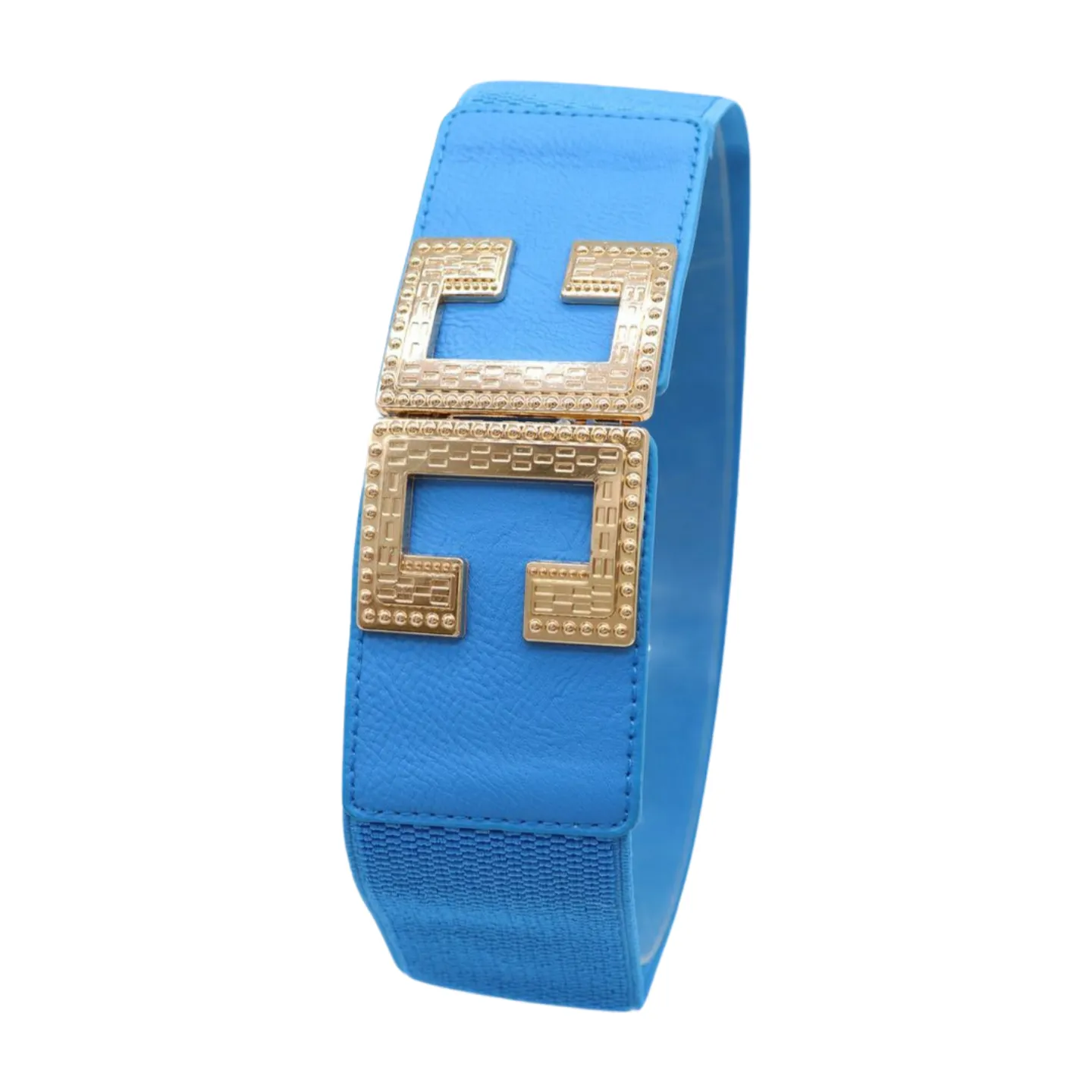 Women Blue Elastic Wide Fashion Belt Hip Waist Gold Metal C Buckle S M
