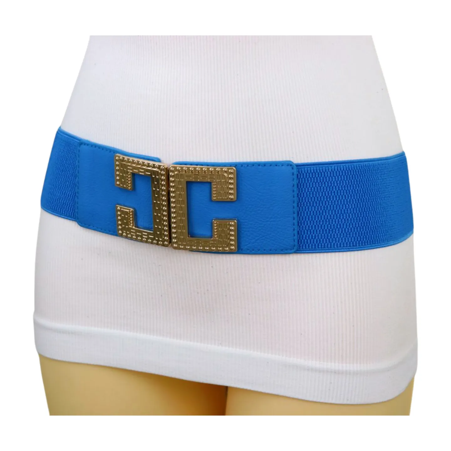 Women Blue Elastic Wide Fashion Belt Hip Waist Gold Metal C Buckle S M