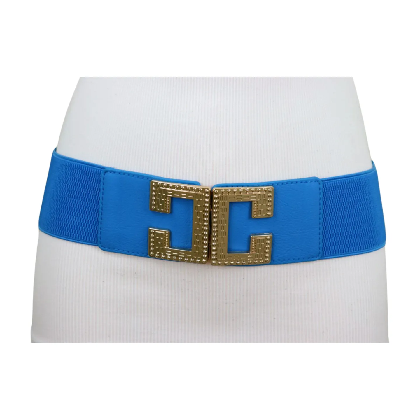 Women Blue Elastic Wide Fashion Belt Hip Waist Gold Metal C Buckle S M