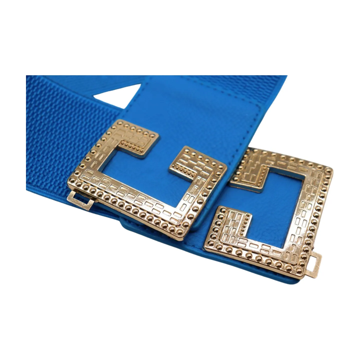 Women Blue Elastic Wide Fashion Belt Hip Waist Gold Metal C Buckle S M