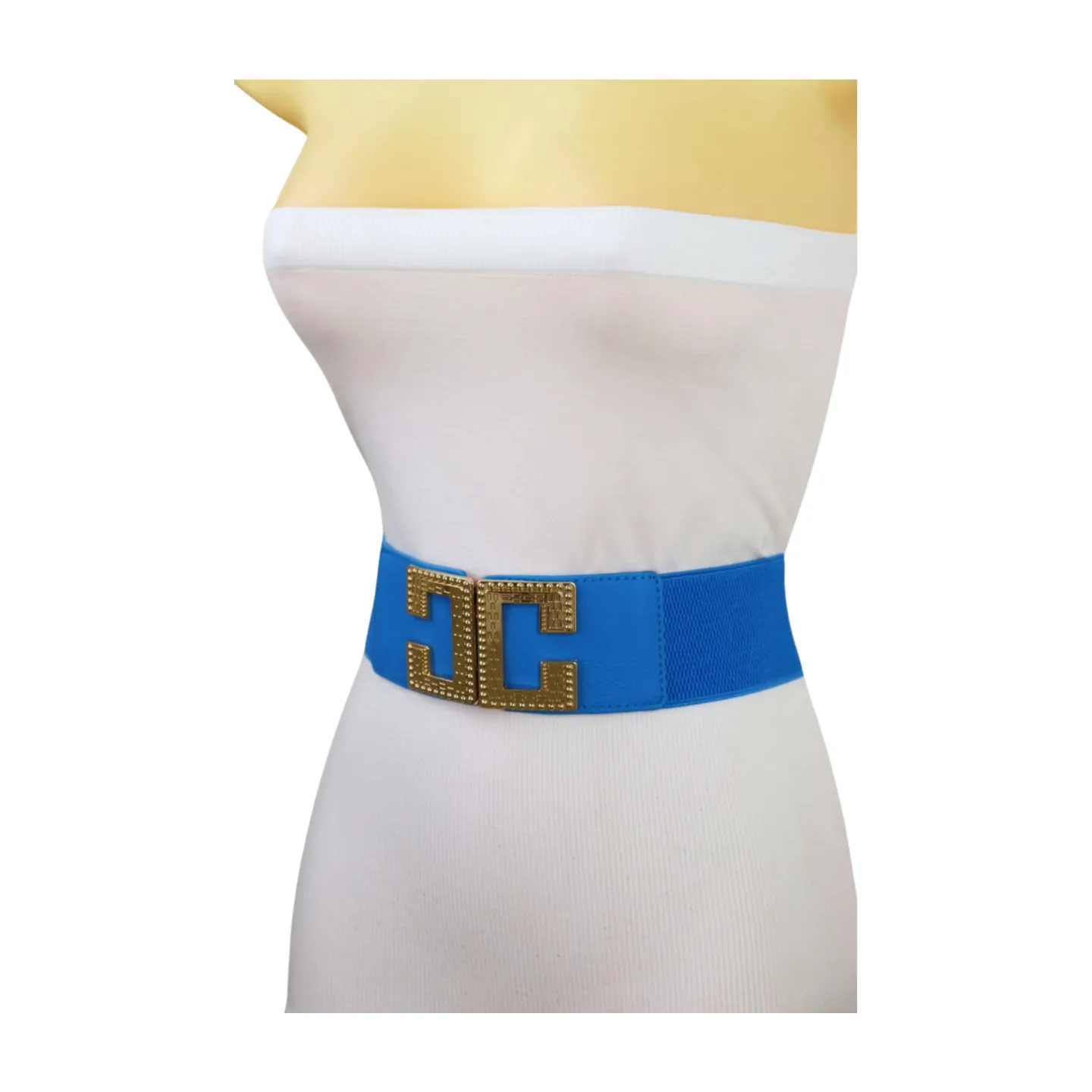 Women Blue Elastic Wide Fashion Belt Hip Waist Gold Metal C Buckle S M