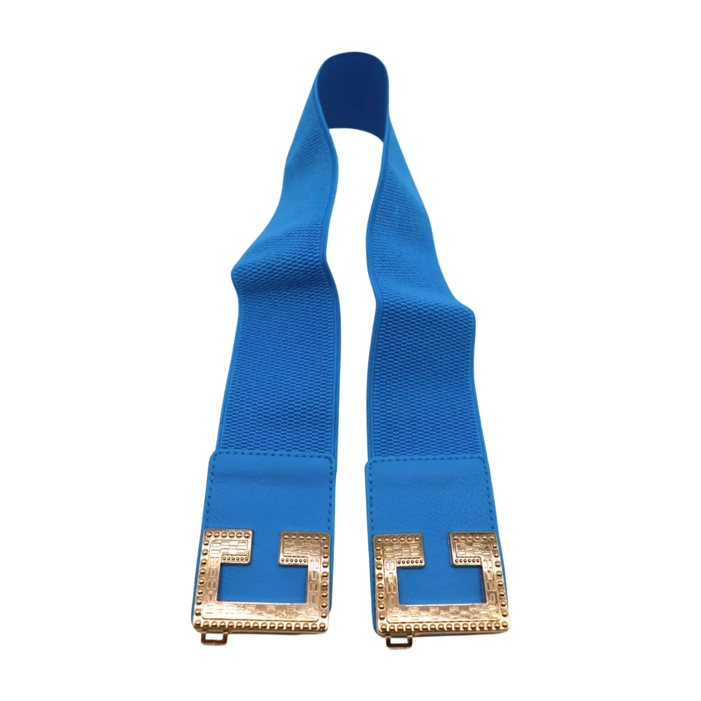 Women Blue Elastic Wide Fashion Belt Hip Waist Gold Metal C Buckle S M
