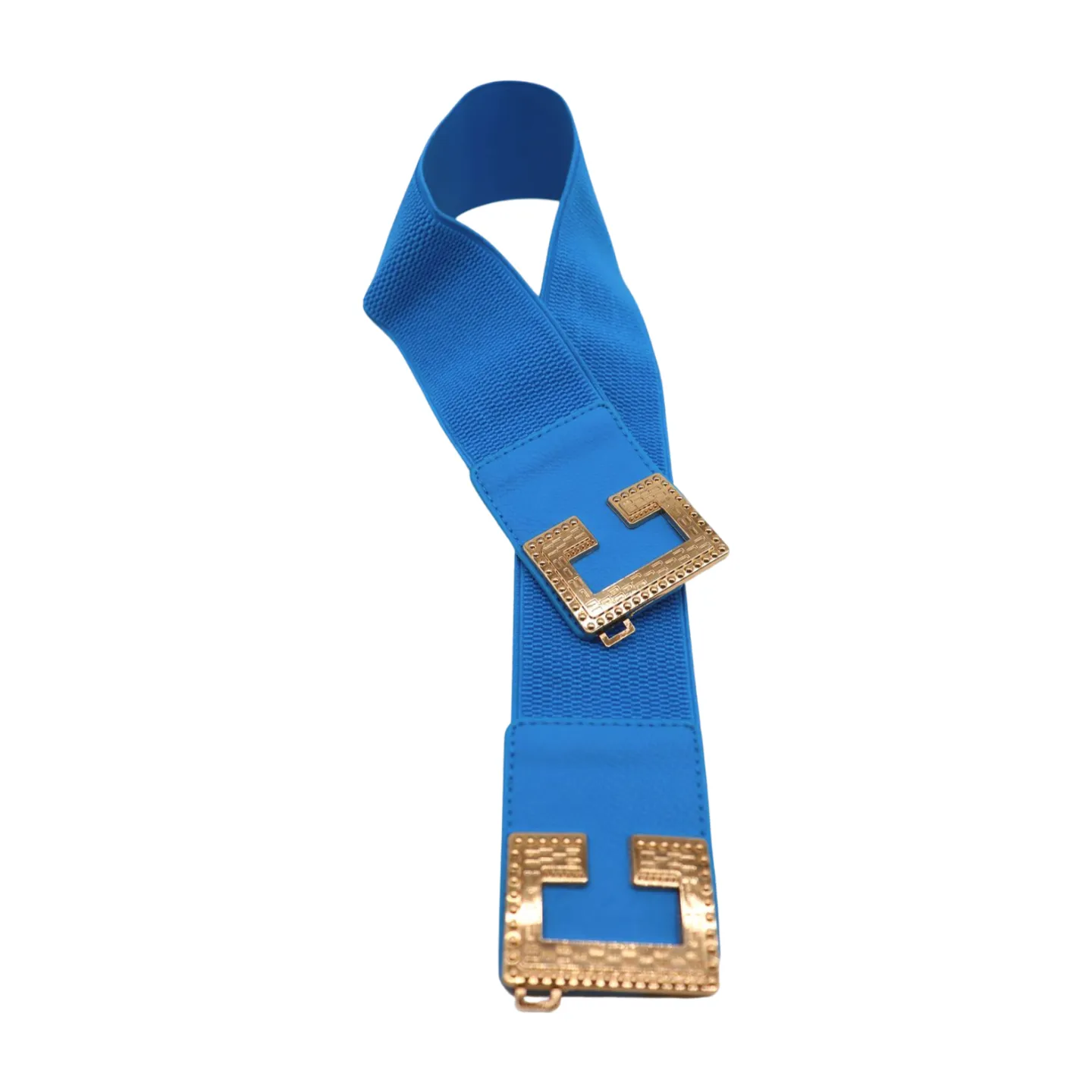 Women Blue Elastic Wide Fashion Belt Hip Waist Gold Metal C Buckle S M