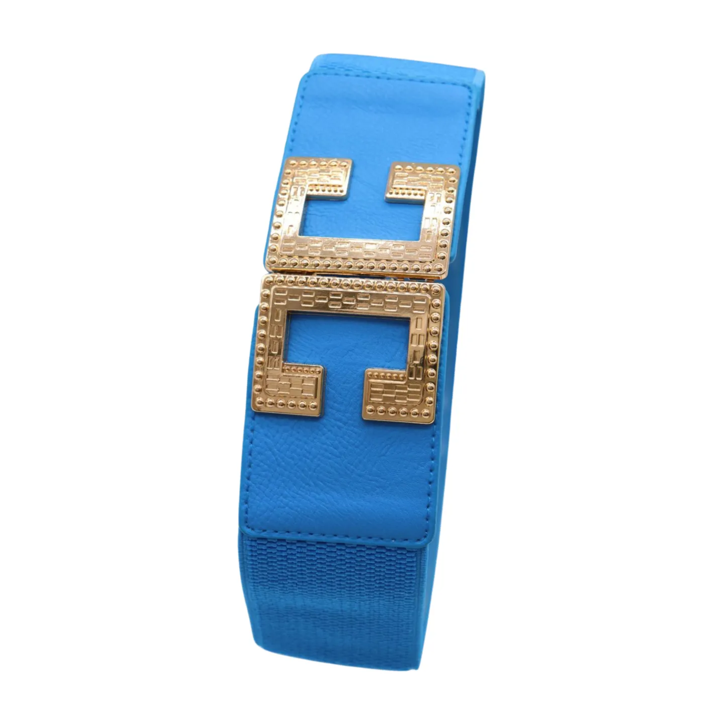 Women Blue Elastic Wide Fashion Belt Hip Waist Gold Metal C Buckle S M