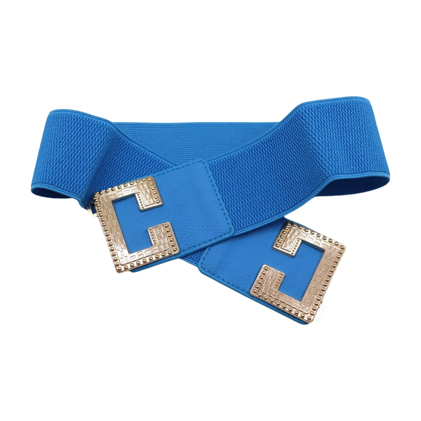 Women Blue Elastic Wide Fashion Belt Hip Waist Gold Metal C Buckle S M