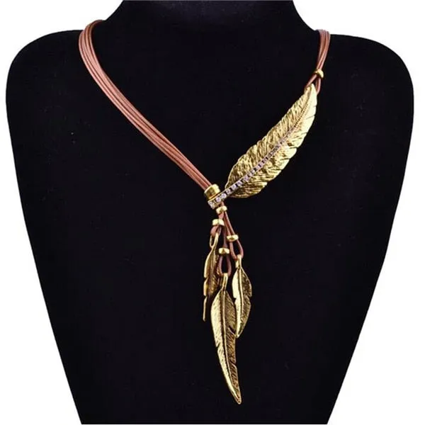 Women Feather Necklaces & Pendants Rope Leather Vintage Jewelry