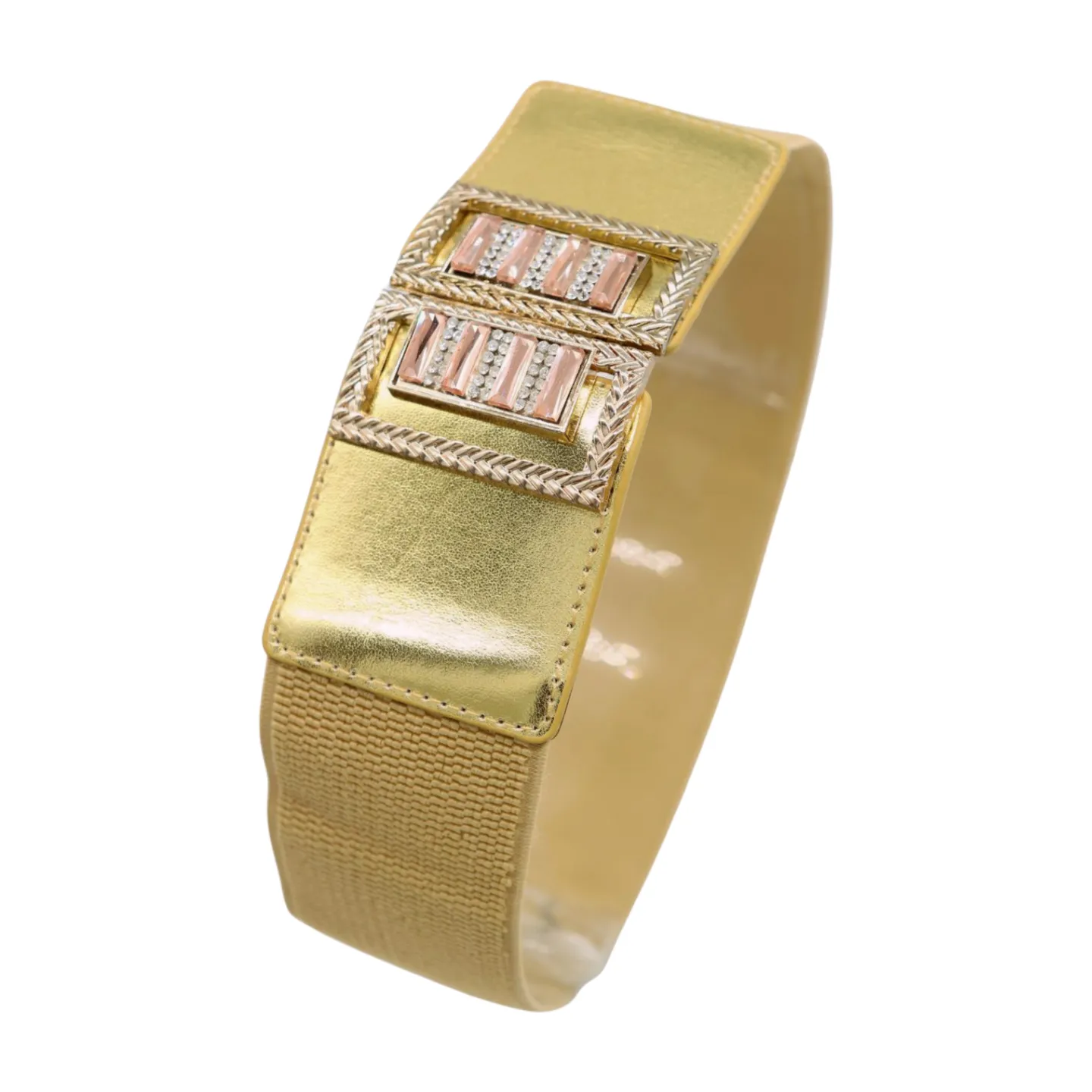 Women Gold Elastic Wide Belt Bling Metal Square Buckle S M