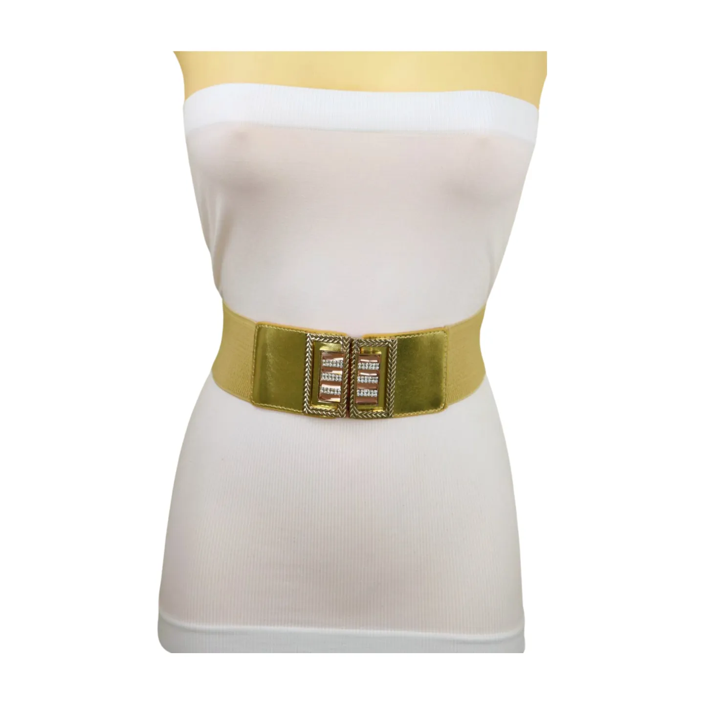 Women Gold Elastic Wide Belt Bling Metal Square Buckle S M