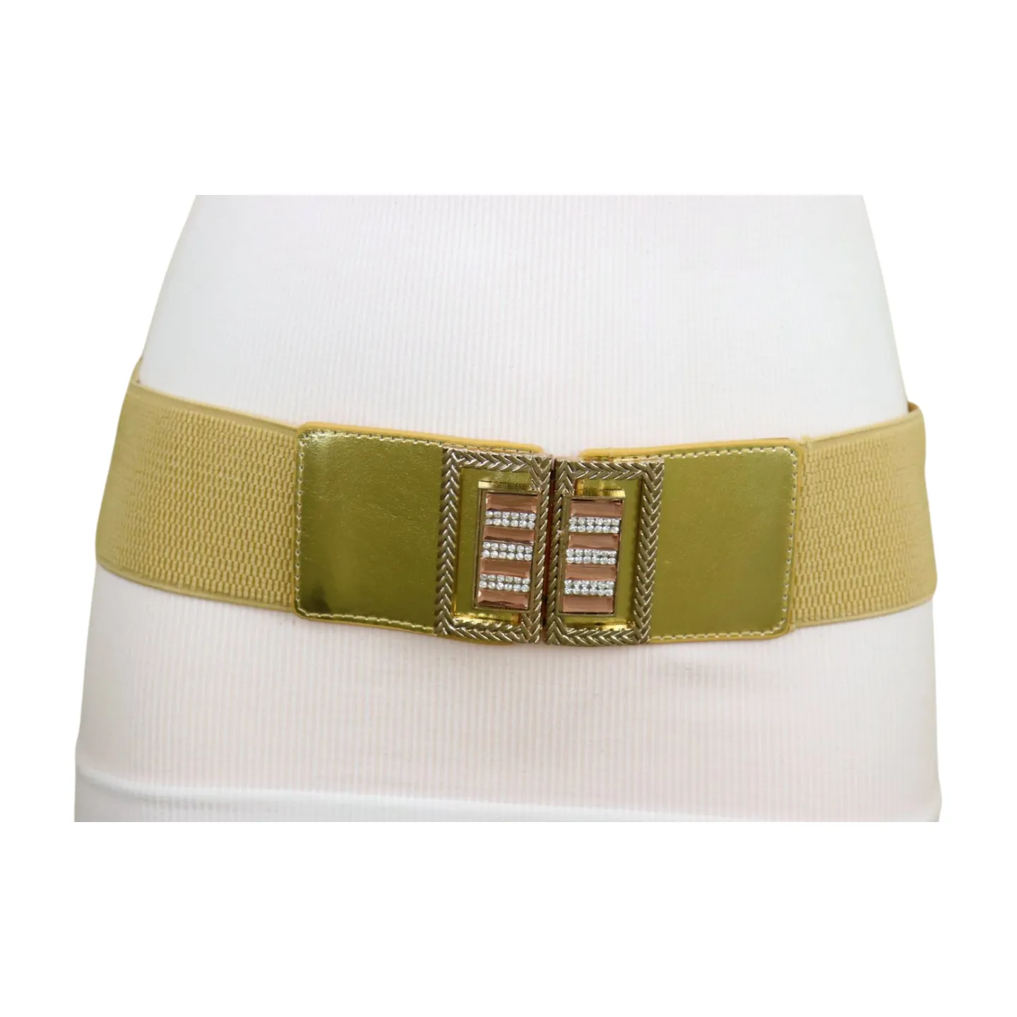 Women Gold Elastic Wide Belt Bling Metal Square Buckle S M