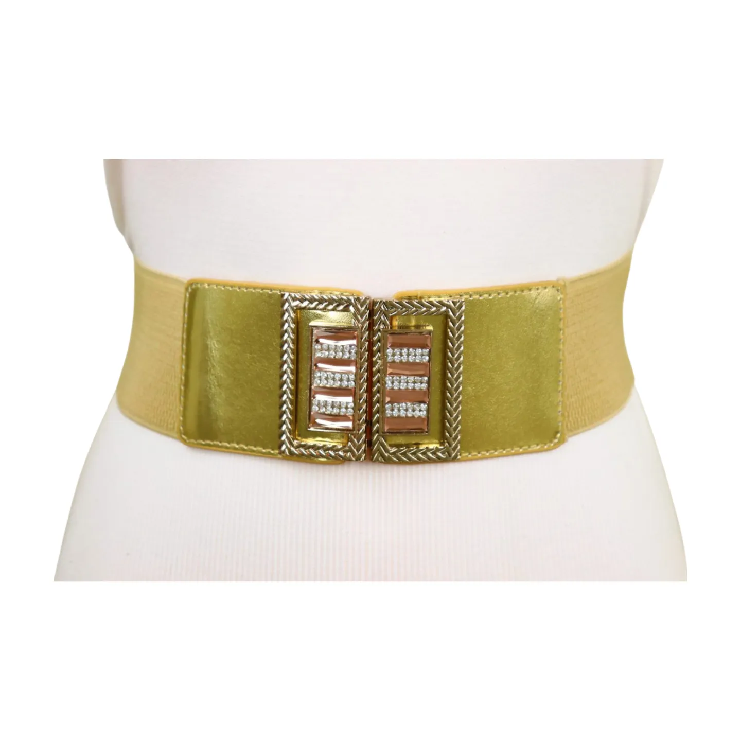 Women Gold Elastic Wide Belt Bling Metal Square Buckle S M