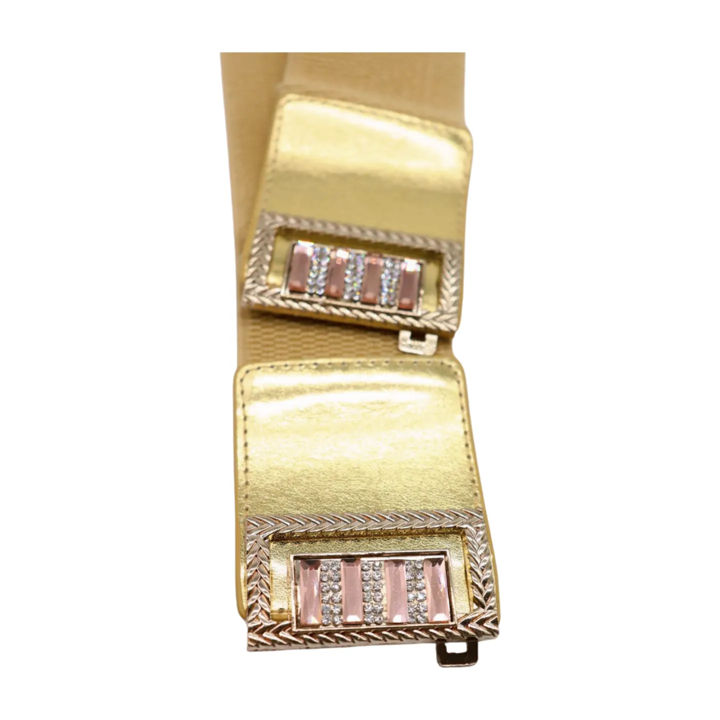 Women Gold Elastic Wide Belt Bling Metal Square Buckle S M