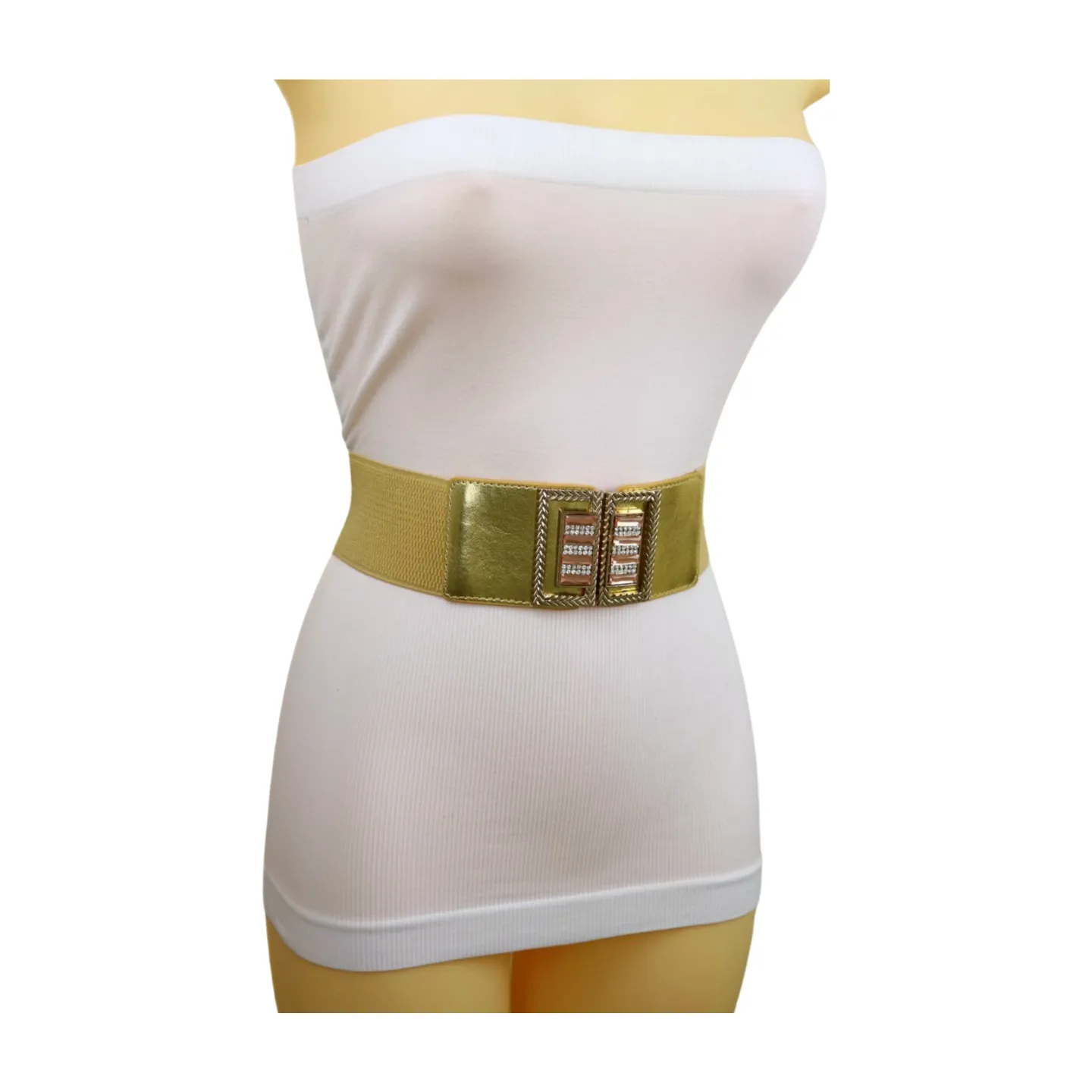 Women Gold Elastic Wide Belt Bling Metal Square Buckle S M
