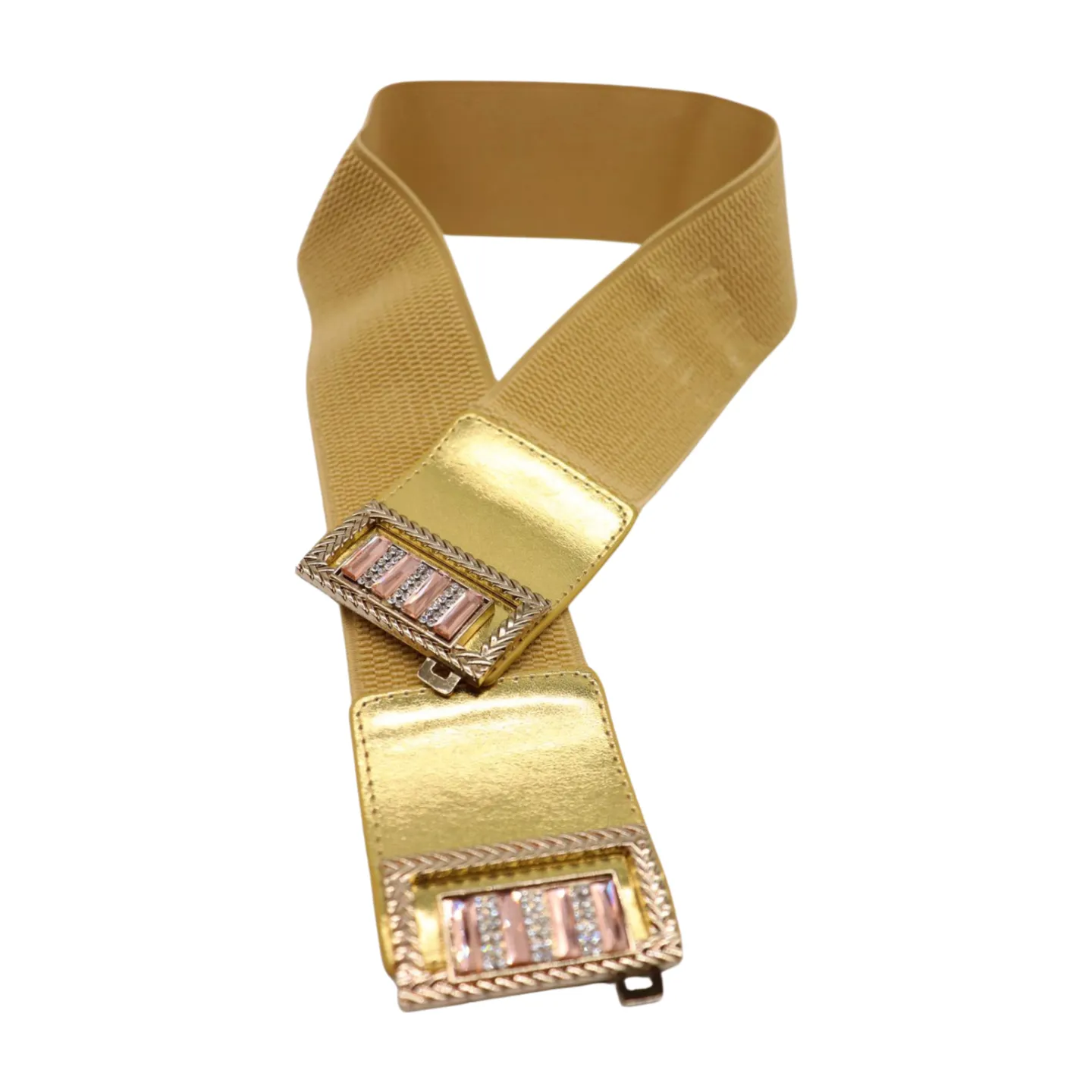 Women Gold Elastic Wide Belt Bling Metal Square Buckle S M