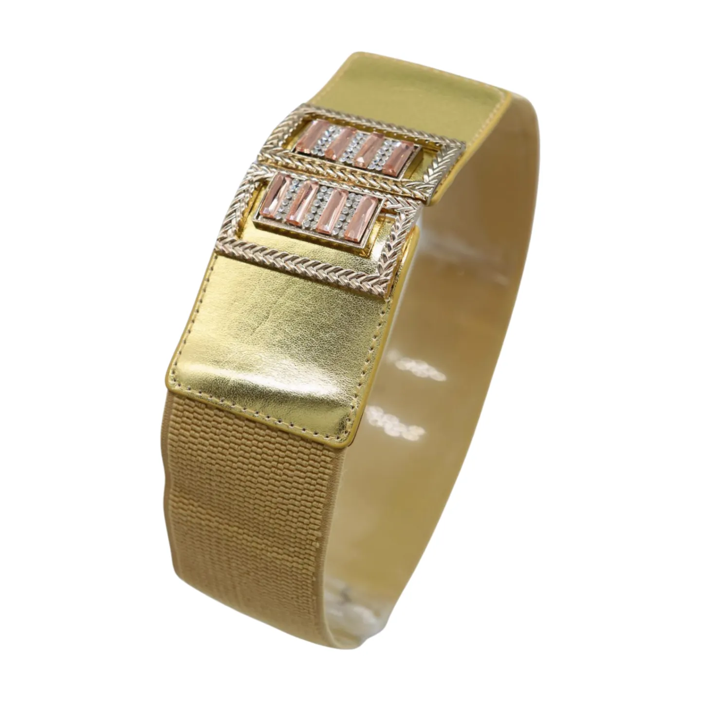 Women Gold Elastic Wide Belt Bling Metal Square Buckle S M