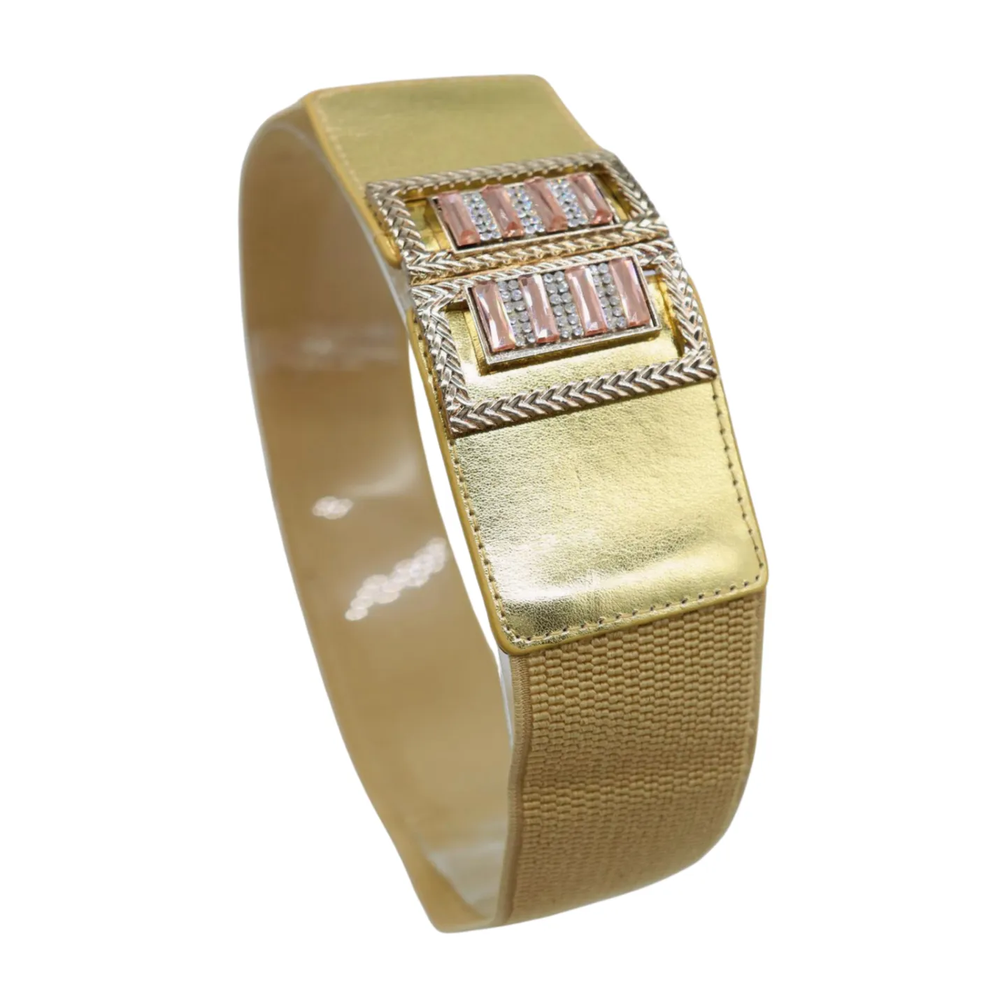 Women Gold Elastic Wide Belt Bling Metal Square Buckle S M