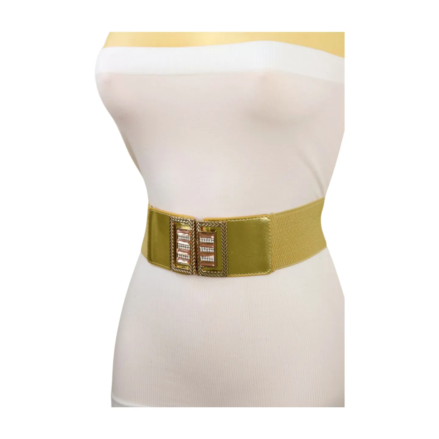 Women Gold Elastic Wide Belt Bling Metal Square Buckle S M