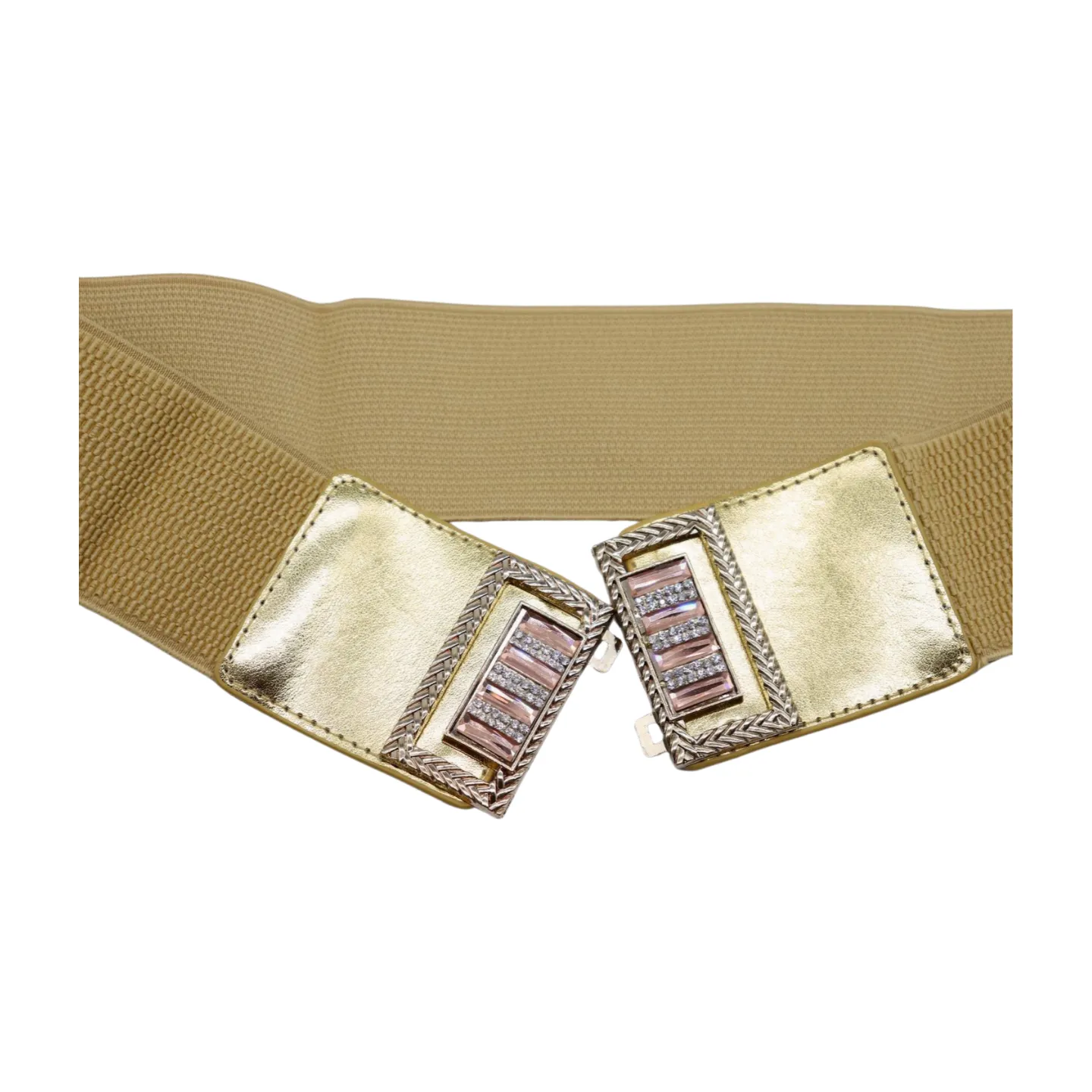 Women Gold Elastic Wide Belt Bling Metal Square Buckle S M