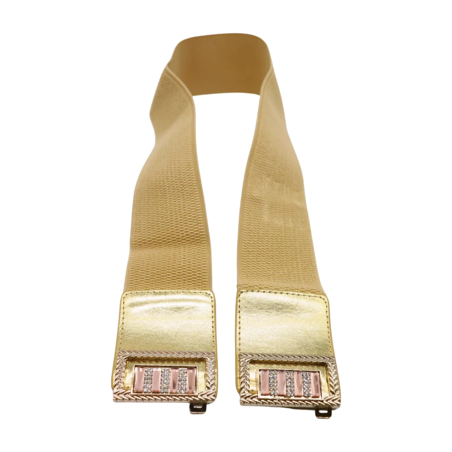 Women Gold Elastic Wide Belt Bling Metal Square Buckle S M