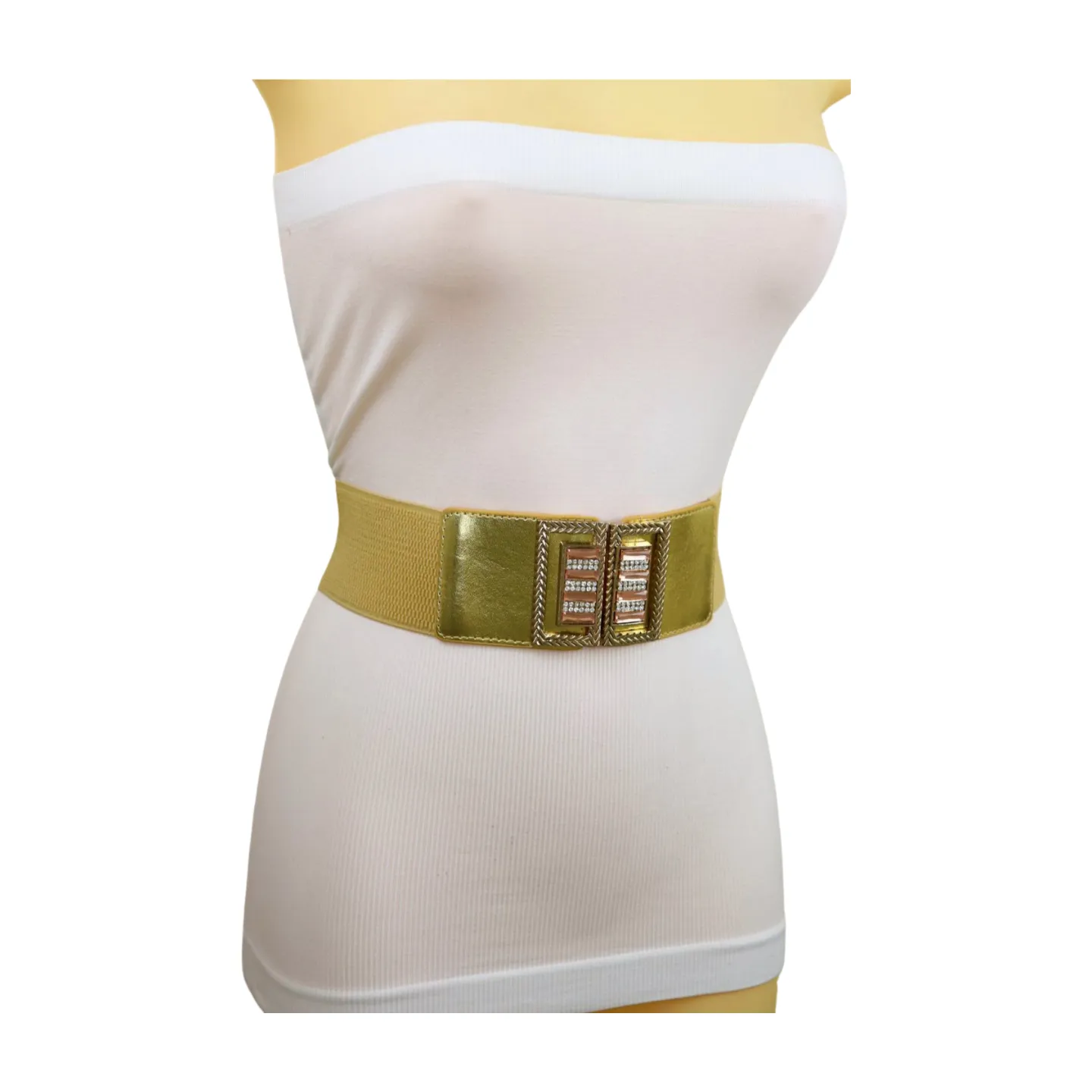 Women Gold Elastic Wide Belt Bling Metal Square Buckle S M