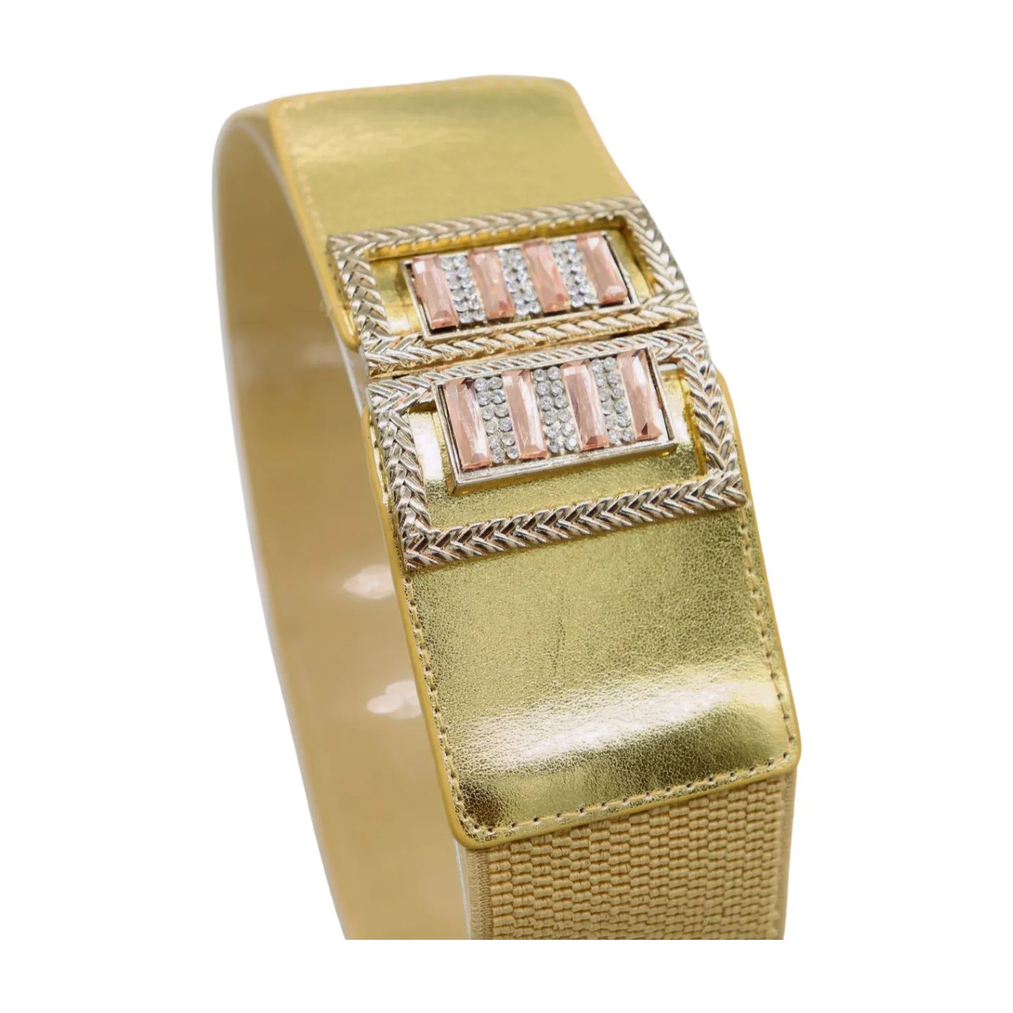 Women Gold Elastic Wide Belt Bling Metal Square Buckle S M