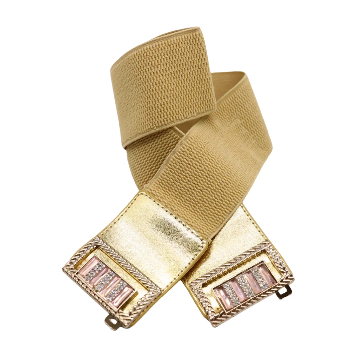 Women Gold Elastic Wide Belt Bling Metal Square Buckle S M