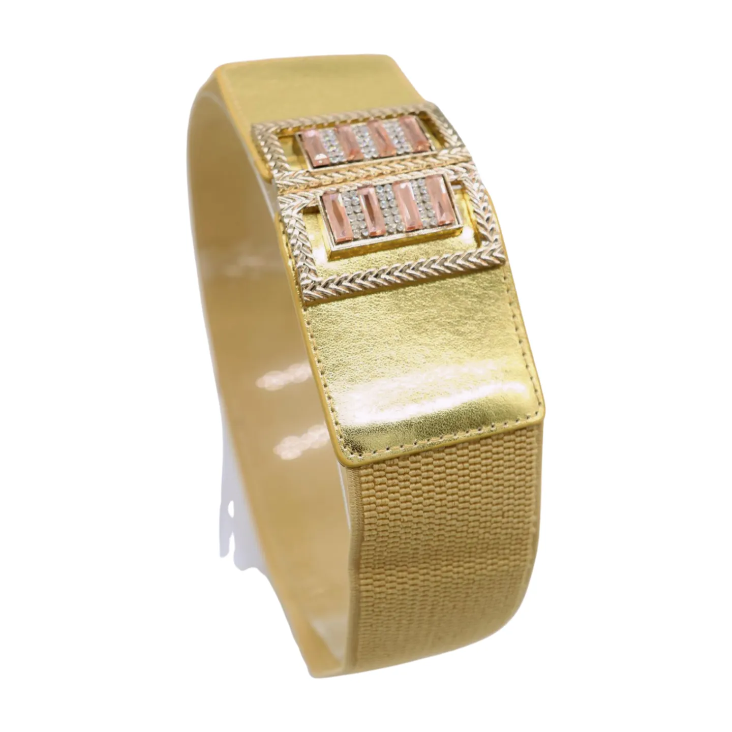 Women Gold Elastic Wide Belt Bling Metal Square Buckle S M