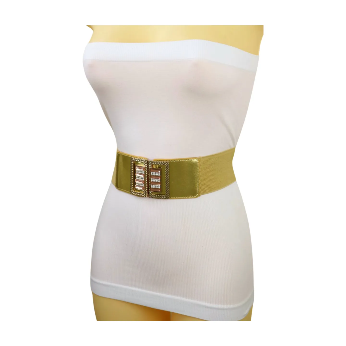 Women Gold Elastic Wide Belt Bling Metal Square Buckle S M