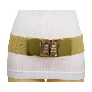 Women Gold Elastic Wide Belt Bling Metal Square Buckle S M