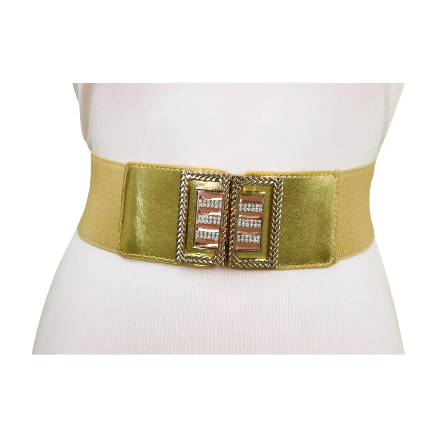 Women Gold Elastic Wide Belt Bling Metal Square Buckle S M
