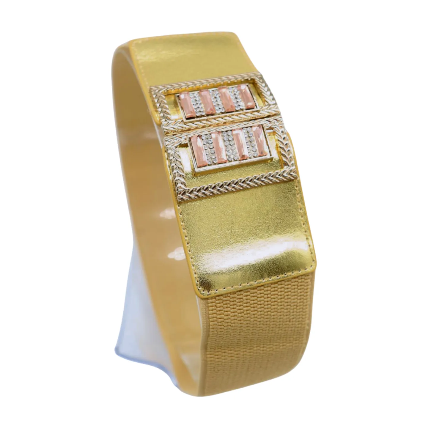 Women Gold Elastic Wide Belt Bling Metal Square Buckle S M