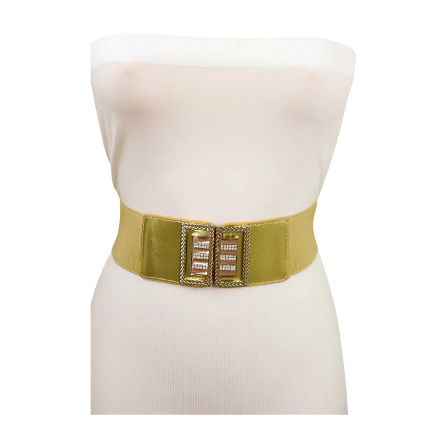 Women Gold Elastic Wide Belt Bling Metal Square Buckle S M