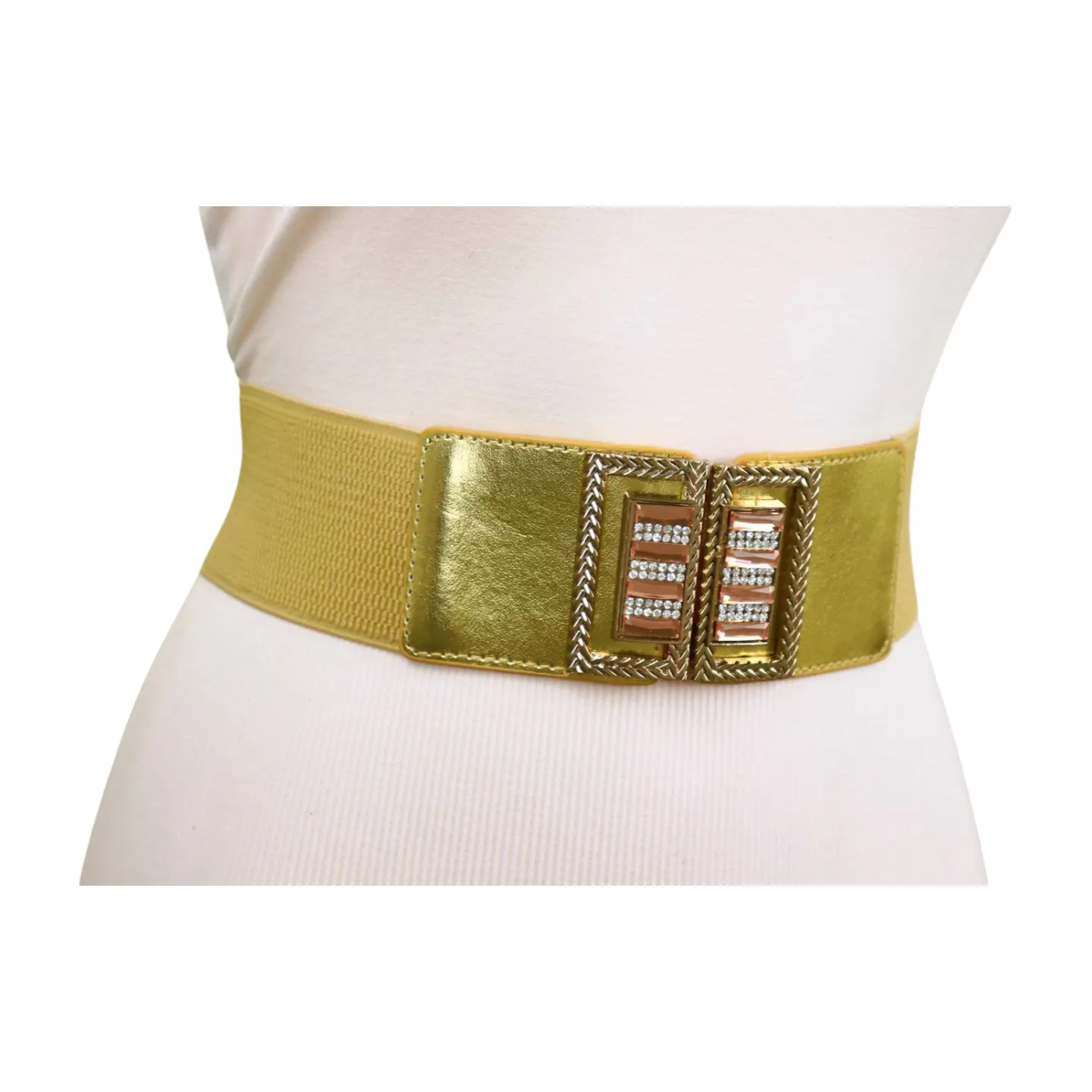 Women Gold Elastic Wide Belt Bling Metal Square Buckle S M