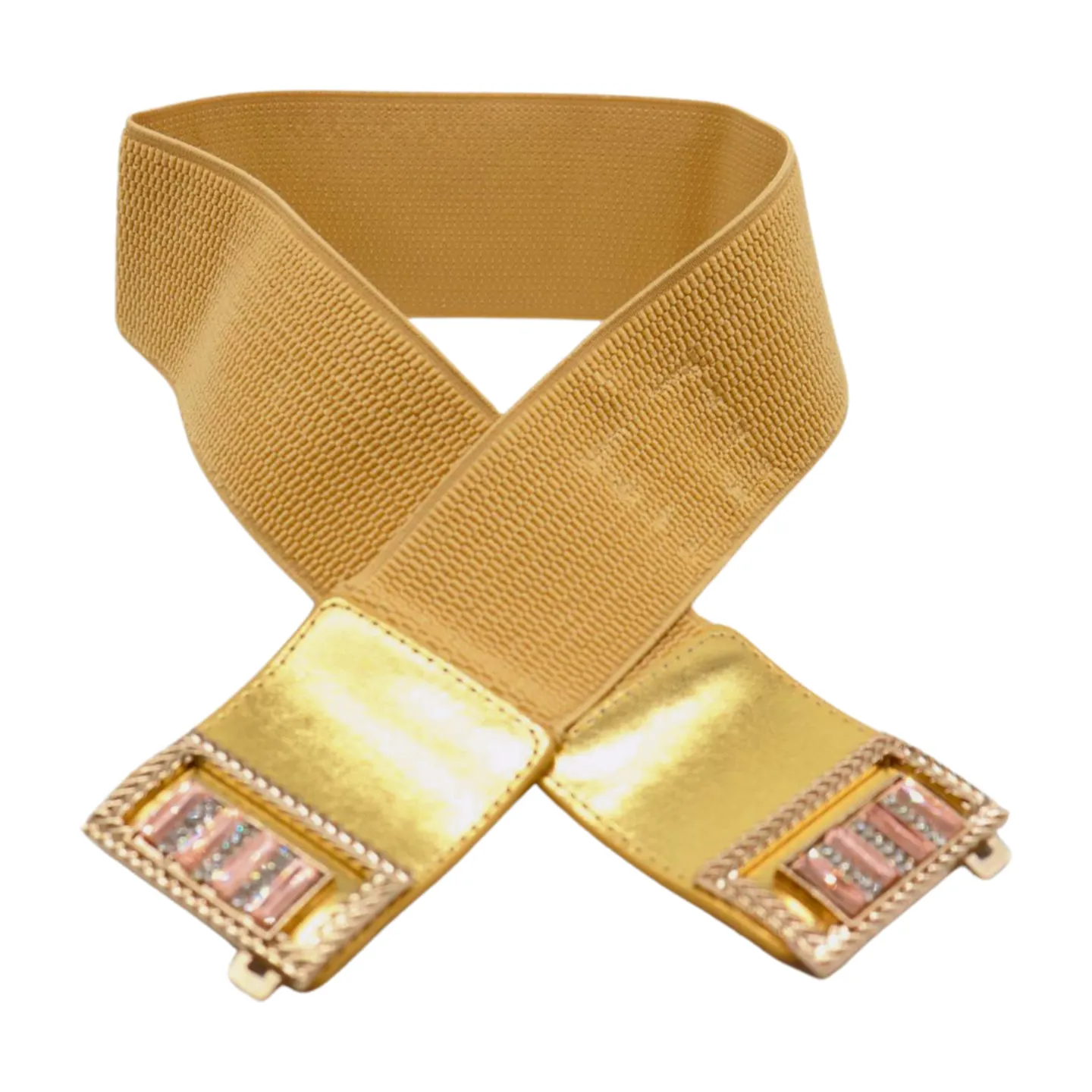 Women Gold Elastic Wide Belt Bling Metal Square Buckle S M