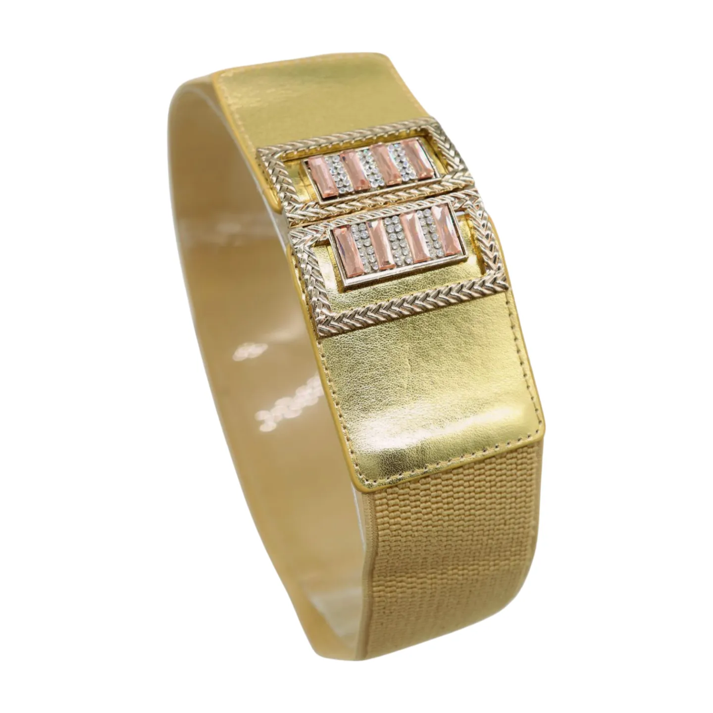 Women Gold Elastic Wide Belt Bling Metal Square Buckle S M