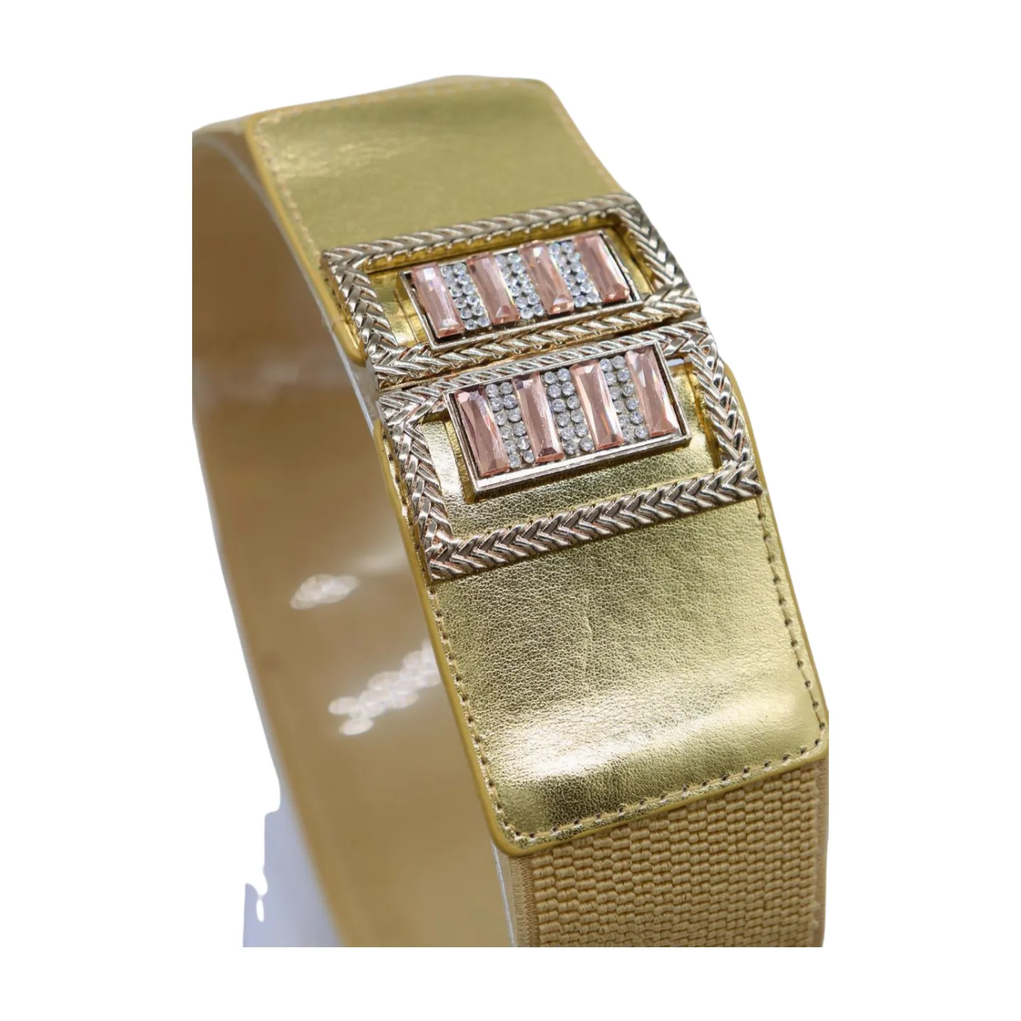 Women Gold Elastic Wide Belt Bling Metal Square Buckle S M