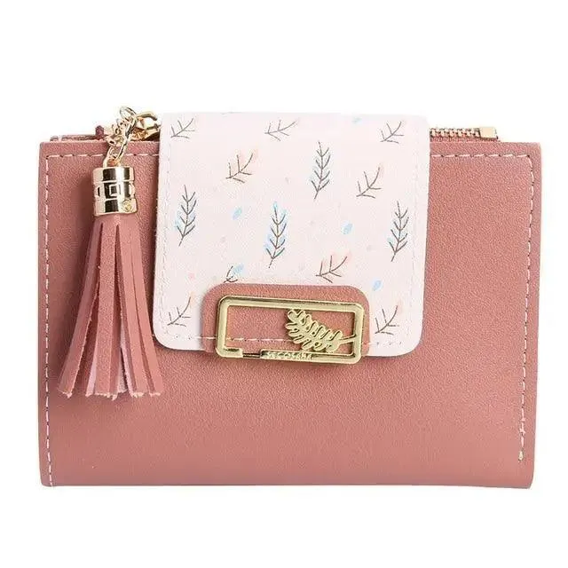 Women Pink PU Leather Short Wallet Trendy New Fashion  Vintage Mini Purses Cute Feather Design Wallets