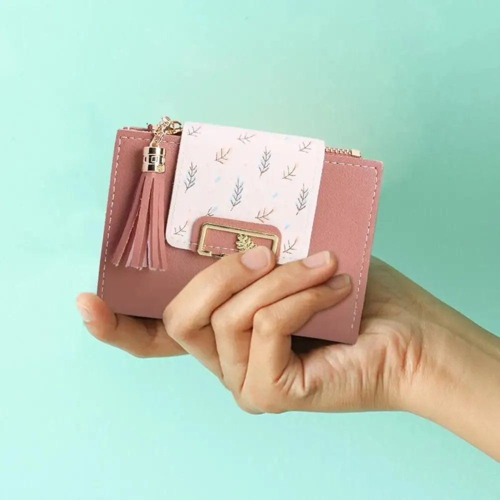 Women Pink PU Leather Short Wallet Trendy New Fashion  Vintage Mini Purses Cute Feather Design Wallets
