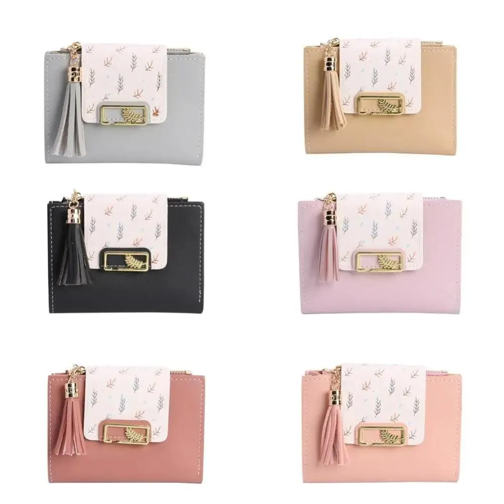 Women Pink PU Leather Short Wallet Trendy New Fashion  Vintage Mini Purses Cute Feather Design Wallets