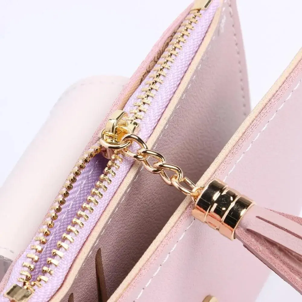 Women Pink PU Leather Short Wallet Trendy New Fashion  Vintage Mini Purses Cute Feather Design Wallets