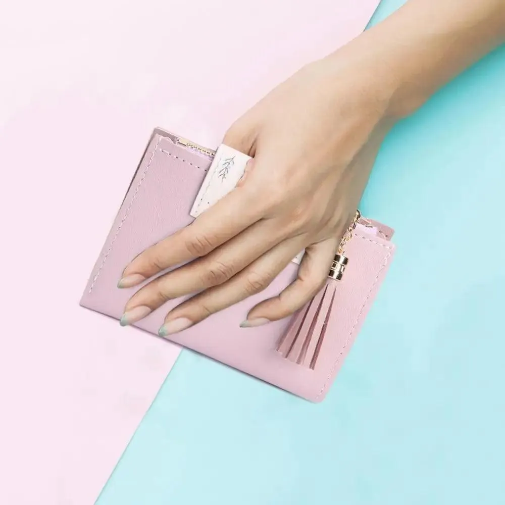 Women Pink PU Leather Short Wallet Trendy New Fashion  Vintage Mini Purses Cute Feather Design Wallets