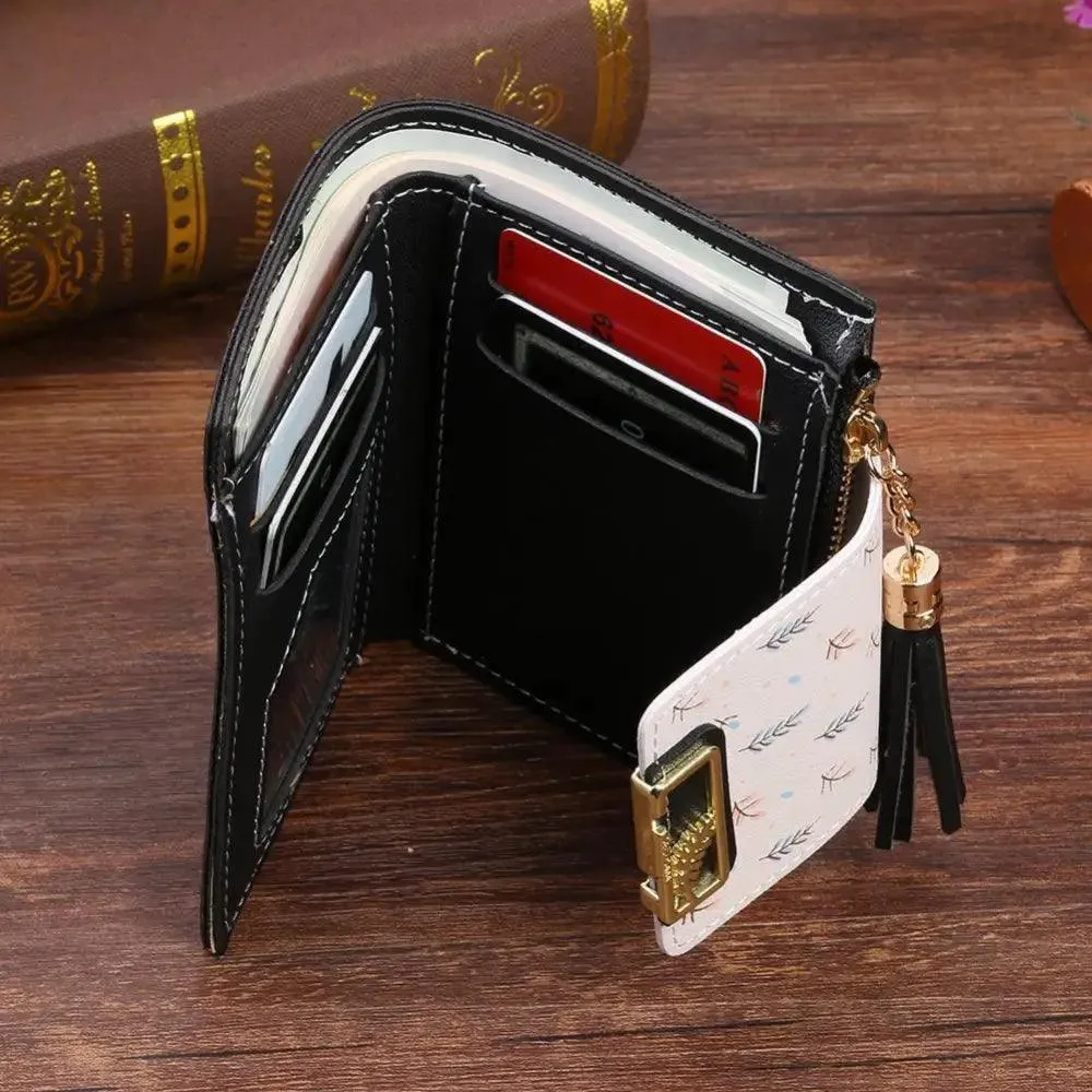 Women Pink PU Leather Short Wallet Trendy New Fashion  Vintage Mini Purses Cute Feather Design Wallets