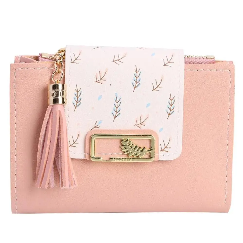 Women Pink PU Leather Short Wallet Trendy New Fashion  Vintage Mini Purses Cute Feather Design Wallets