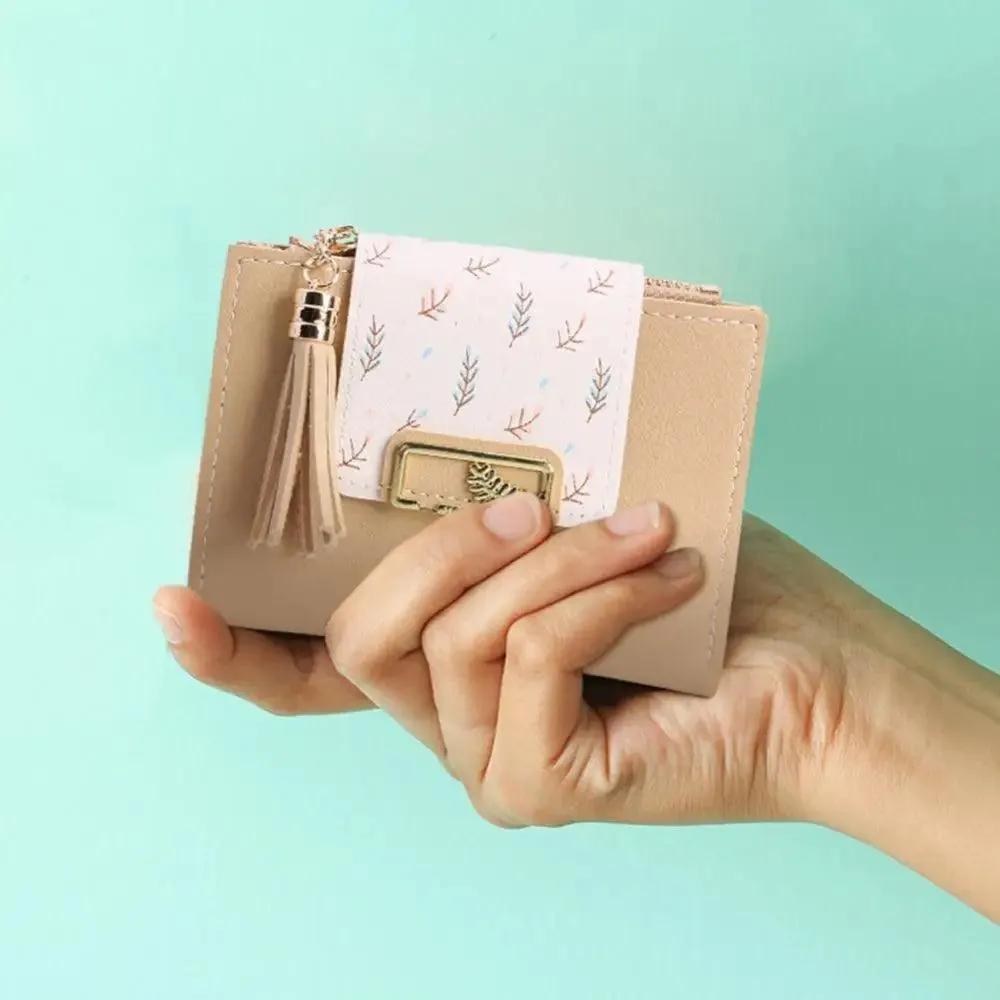 Women Pink PU Leather Short Wallet Trendy New Fashion  Vintage Mini Purses Cute Feather Design Wallets