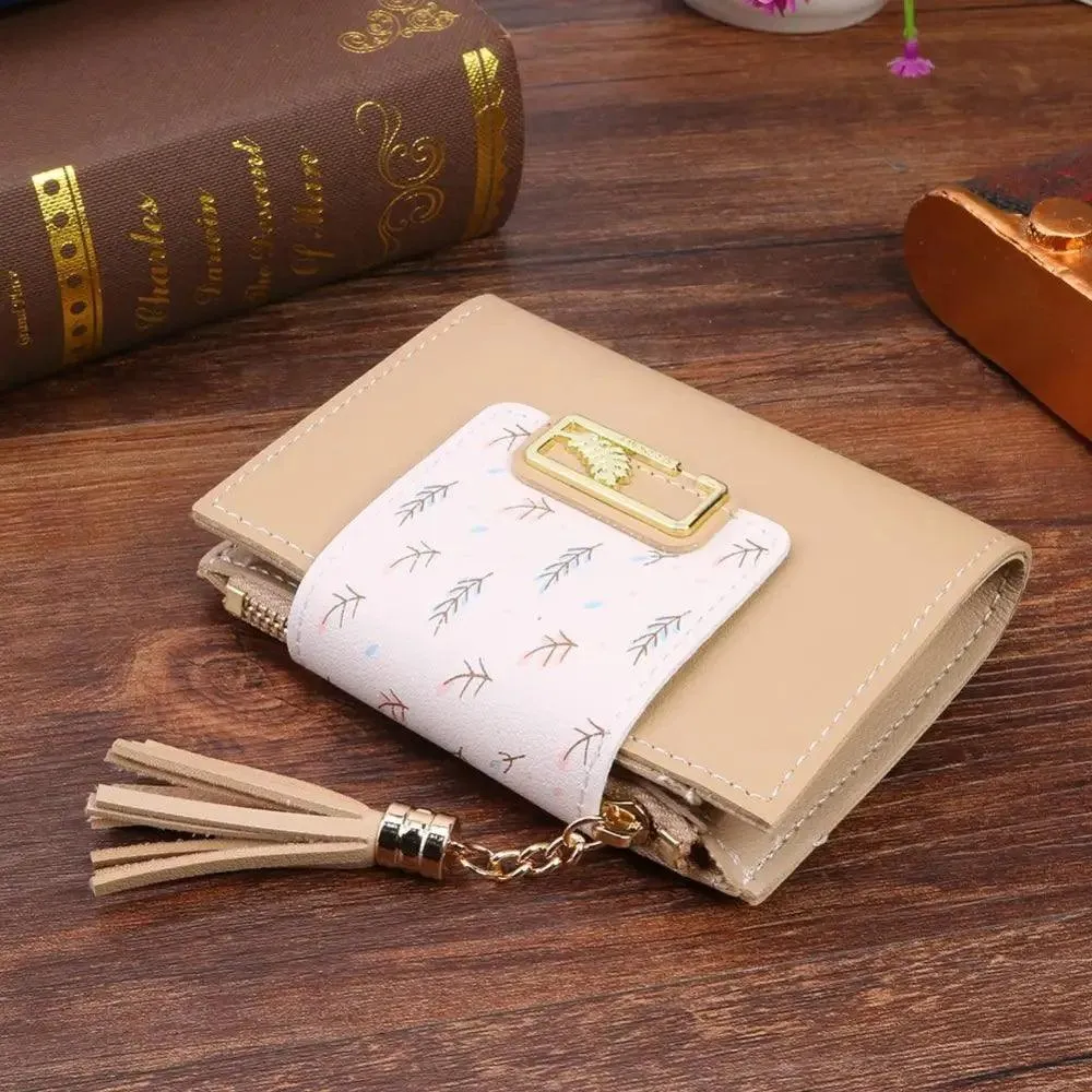 Women Pink PU Leather Short Wallet Trendy New Fashion  Vintage Mini Purses Cute Feather Design Wallets