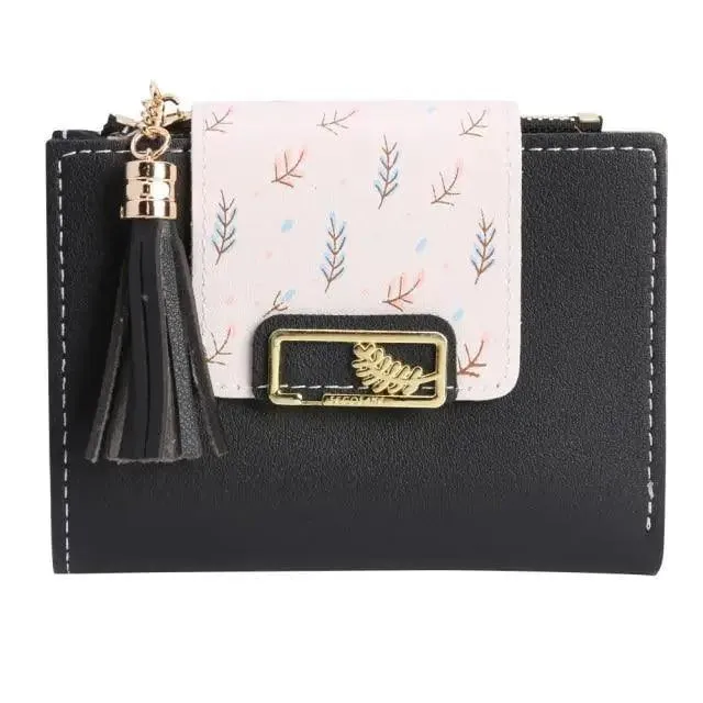 Women Pink PU Leather Short Wallet Trendy New Fashion  Vintage Mini Purses Cute Feather Design Wallets