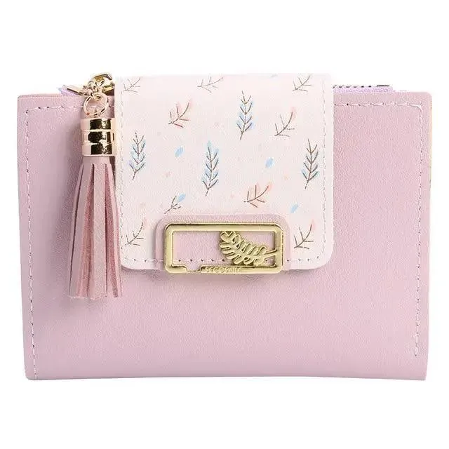 Women Pink PU Leather Short Wallet Trendy New Fashion  Vintage Mini Purses Cute Feather Design Wallets